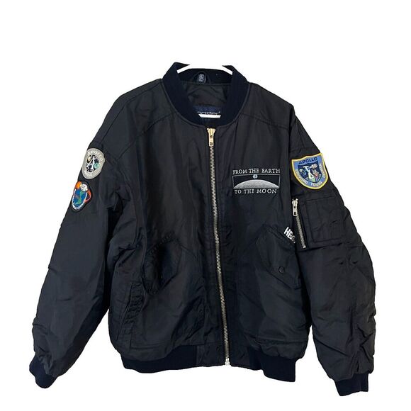 Vtg Swingster Mens Black Satin Bomber Jacket XL Moon HBO Apollo Patches Zipped - Picture 1 of 10